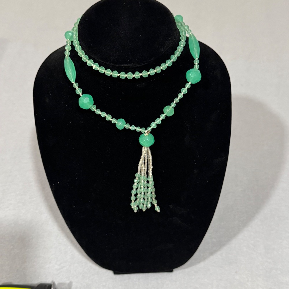 Vintage Uranium Glass Tassel Necklace Women Green Art Deco Beaded Flapper Style